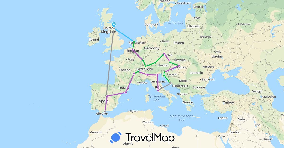 TravelMap itinerary: bus, plane, train, boat in Austria, Belgium, Switzerland, Czech Republic, Germany, Spain, France, United Kingdom, Croatia, Hungary, Italy, Luxembourg, Netherlands, Slovenia (Europe)
